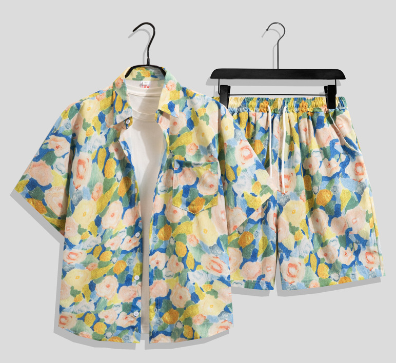 Ice silk set men's quick drying summer short sleeved shirt loose plus size two-piece set