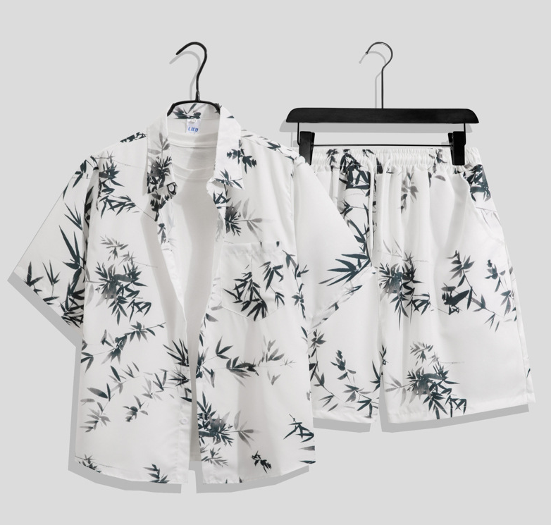 Ice silk set men's quick drying summer short sleeved shirt loose plus size two-piece set