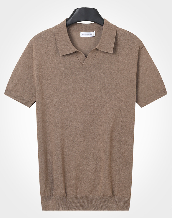 Knitted pure cotton lapel short sleeved plaid breathable lightweight men's T-shirt temperament versatile top solid color