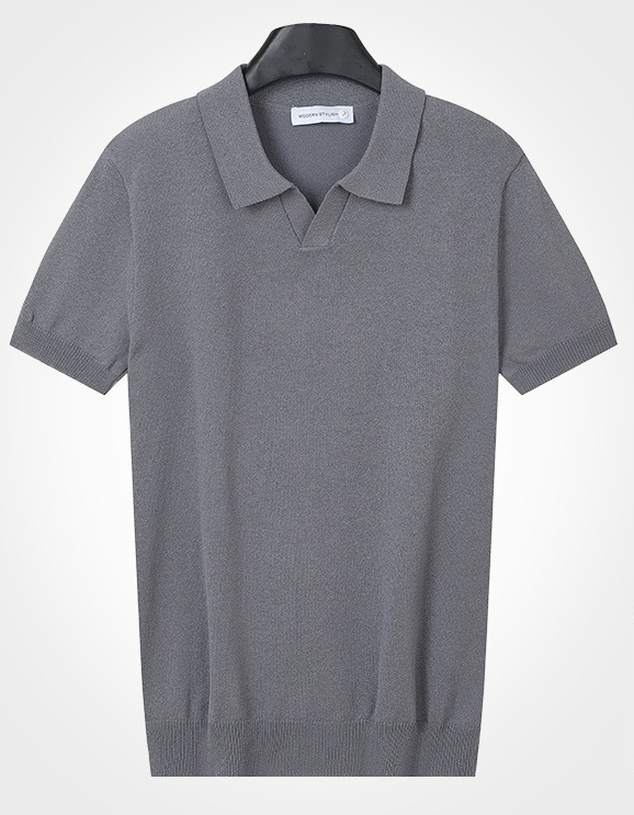 Knitted pure cotton lapel short sleeved plaid breathable lightweight men's T-shirt temperament versatile top solid color