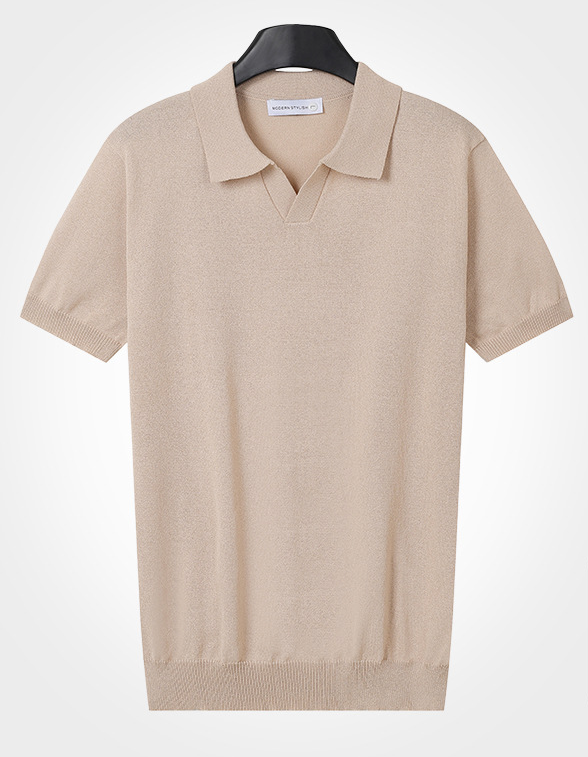 Knitted pure cotton lapel short sleeved plaid breathable lightweight men's T-shirt temperament versatile top solid color