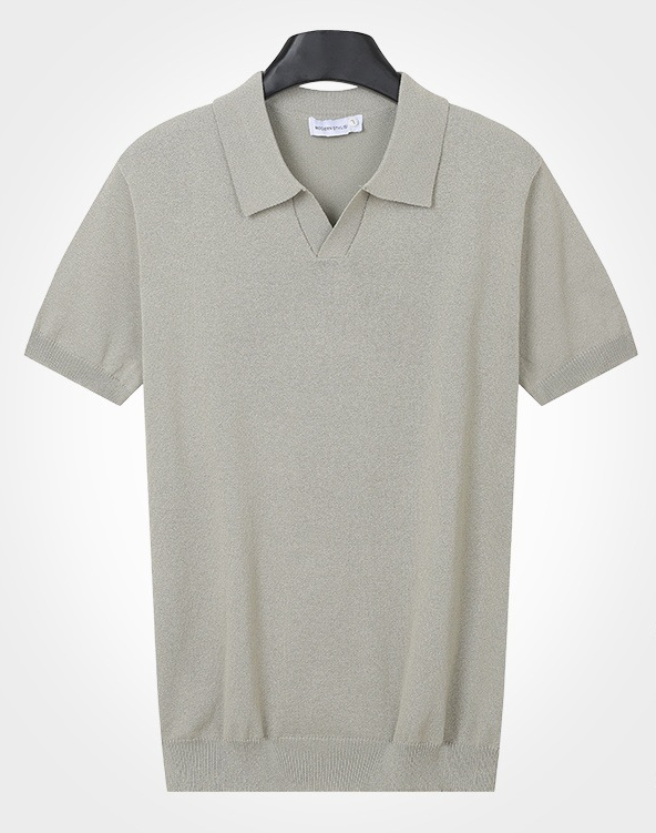 Knitted pure cotton lapel short sleeved plaid breathable lightweight men's T-shirt temperament versatile top solid color