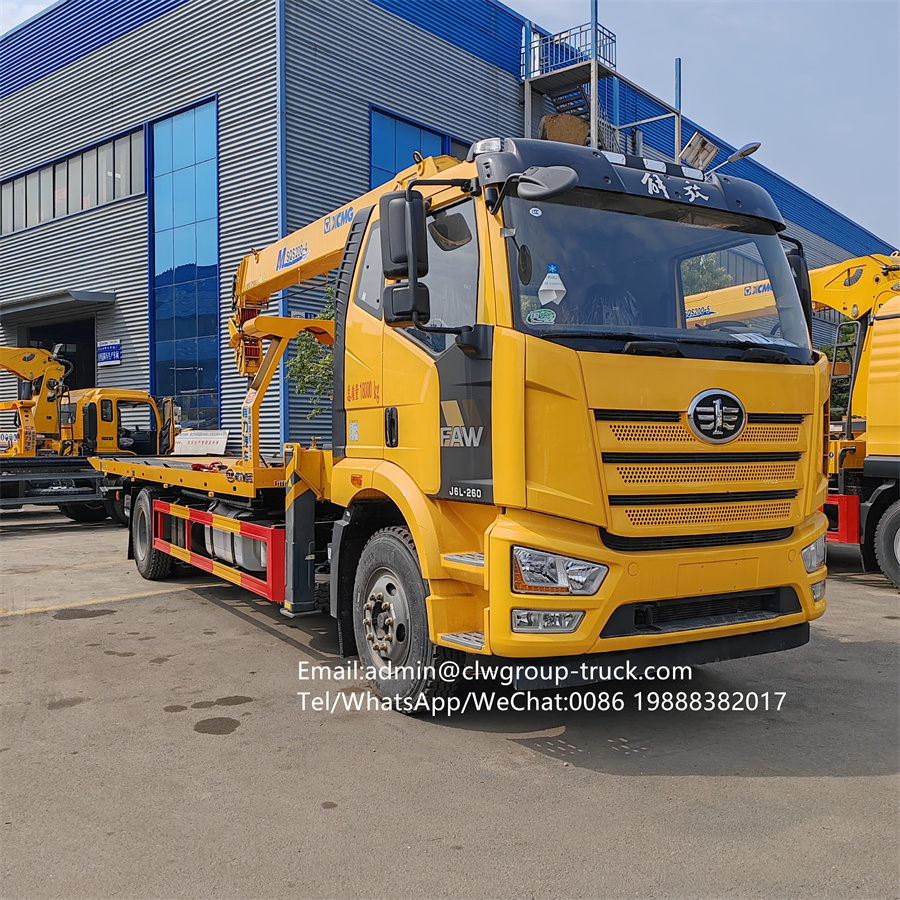 FAW 10tons wrecker towing bed winch mounted xcmg telescopic crane,Chengli Special Automobile Co.,Ltd,FAW towing platform 10tons winch flatbed truck mounted crane 8tons
