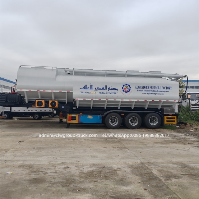 SASO standard 3 axles 58m3 chicken bulk feed trailer manufacturer,Chengli Special Automobile Co.,Ltd,3 alxes 58cbm feed trailer with auger for carrying grain SASO standard