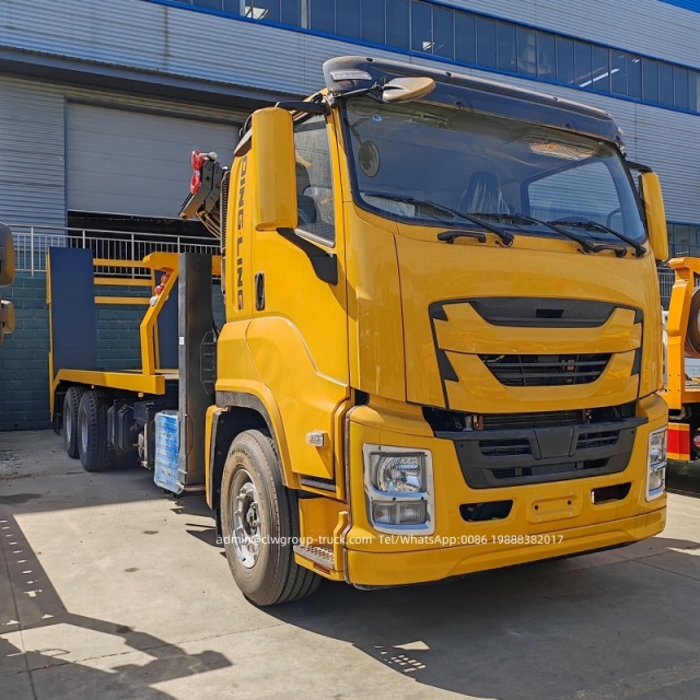 Isuzu flatbed tow truck with knuckle boom crane 8 tons,Chengli Special Automobile Co.,Ltd,Isuzu 6x4 sliding platform recovery flatbed truck with crane for sale