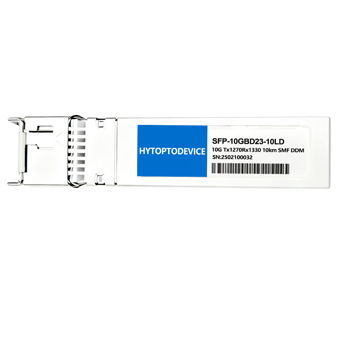 DDM DOM metal pin close-up of HYTOPTODEVICE SFP+ 10G BiDi Transceiver, commercial temp variant for indoor turnkey projects