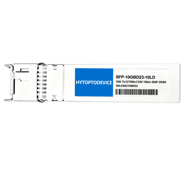 DDM DOM metal pin close-up of HYTOPTODEVICE SFP+ 10G BiDi Transceiver, commercial temp variant for indoor turnkey projects
