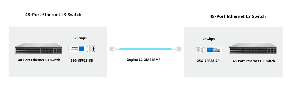 SFP28 SR 25G to 25G switch-switch multimode fiber networking diagram for Cisco data center