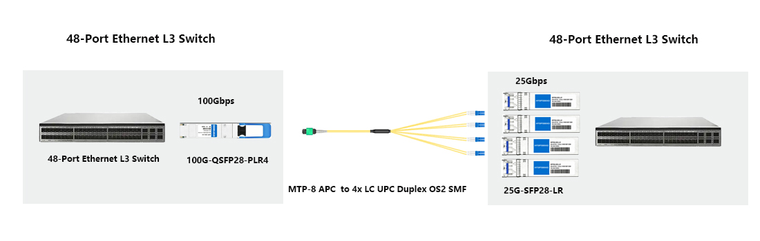 100G to 4&times;25G breakout networking layout with bulk purchased Huawei compatible 25G SFP28 LR modules