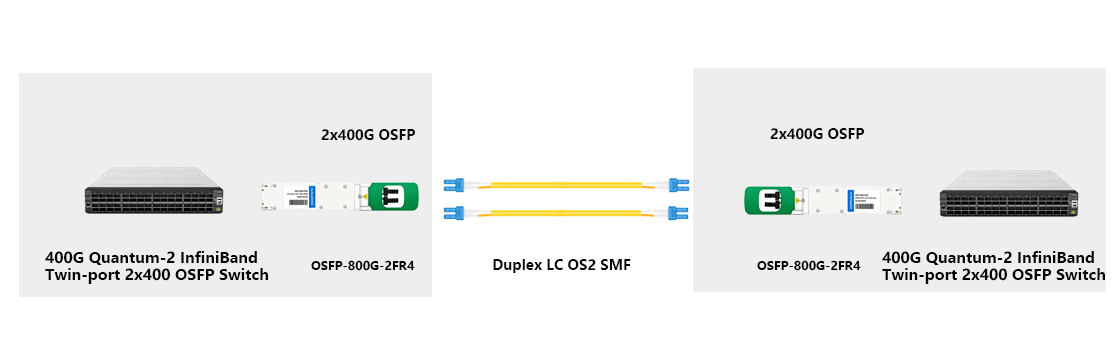 800G twin-port OSFP transceiver switch-to-switch interconnection between two NVIDIA Quantum NDR InfiniBand OSFP switches