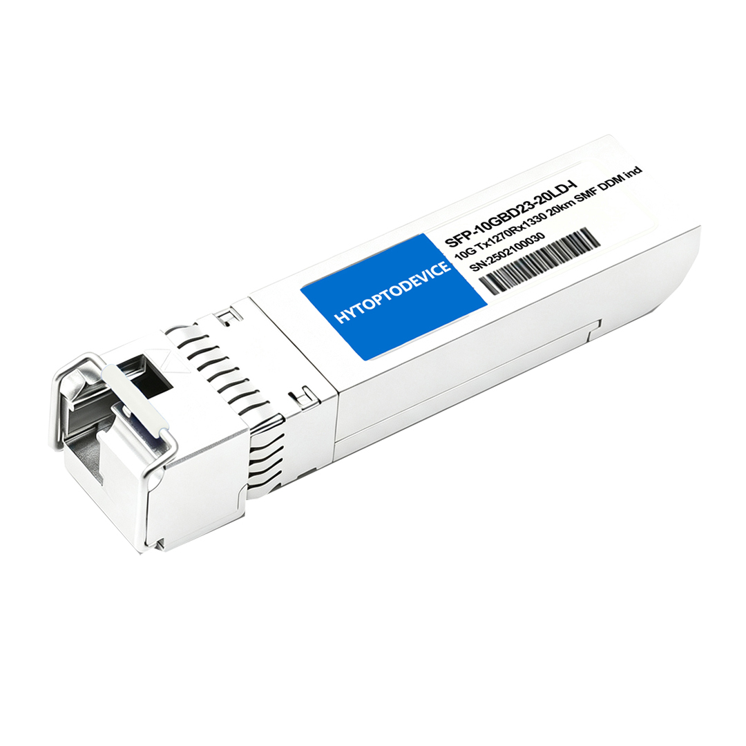 HYTOPTODEVICE industrial 10g bidi sfp+ transceiver compatible Cisco SFP-10G-BXU-I Tx1270/Rx1330 20km front simplex LC port white background