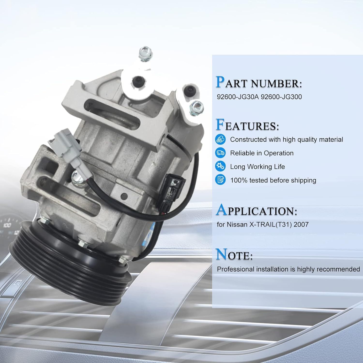 PANGOLIN 92600-JG30A 92600-JG300 6PK Air Conditioning Compressor AC Compressor for NISSAN X-TRAIL(T31) 2007- Spare Parts