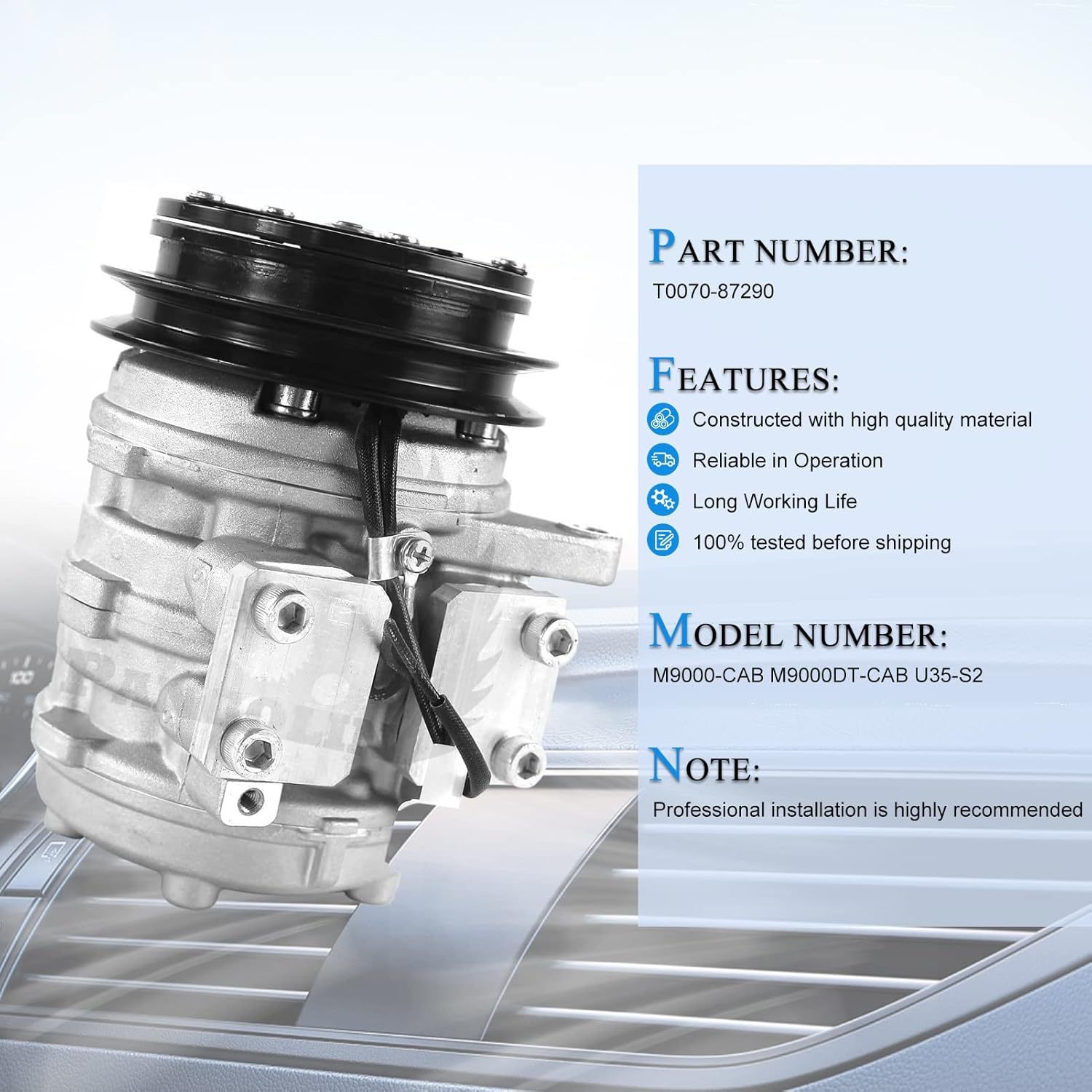 PANGOLIN T0070-87290 L4310DT-GST-C/HST-C Air Conditioning Compressor AC Compressor with Clutch Assy for Kubota L4610DT-HST-C M4900-CAB Spare Parts