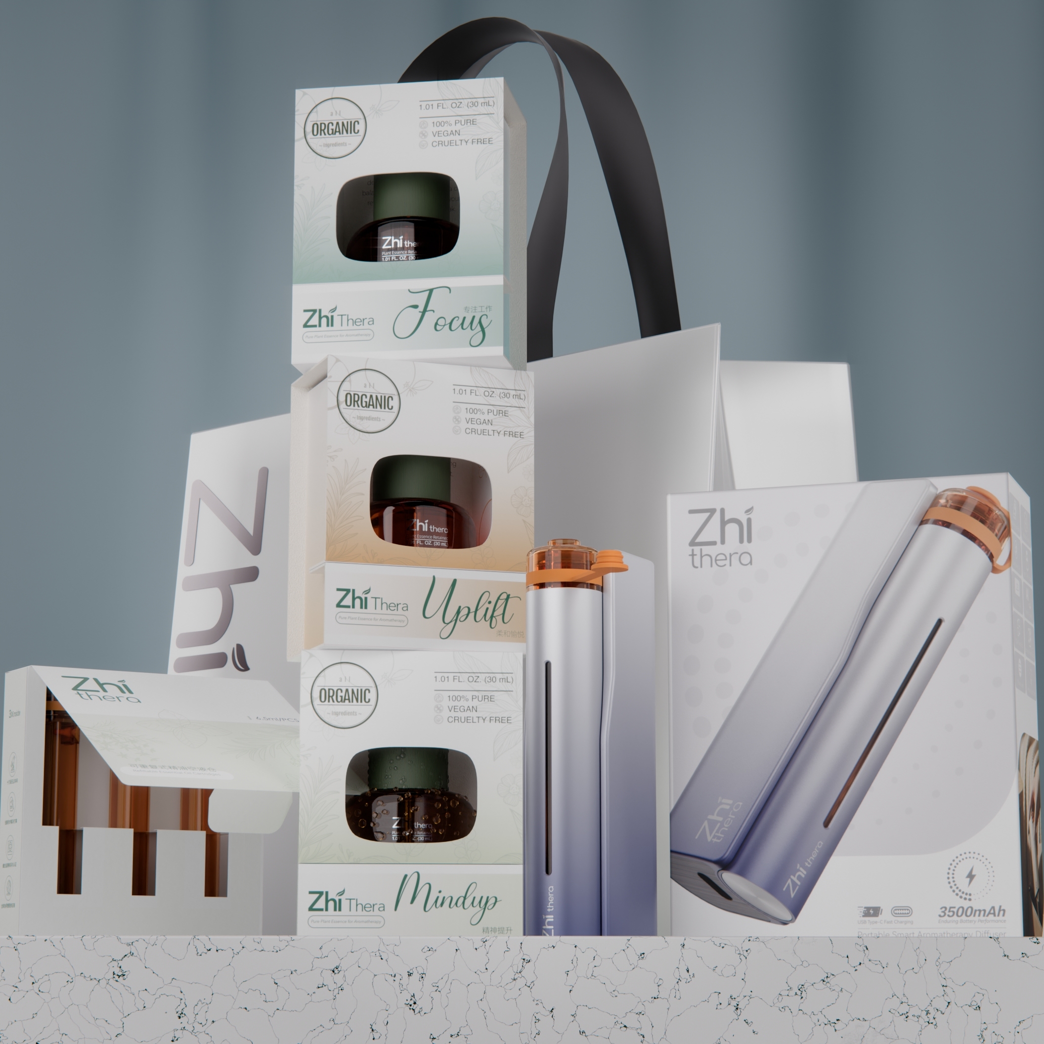 ZHI Thera Smart Portable Aromatherapy Ultrasonic Diffuser – 3500mAh LED Rechargeable Essential Oil Diffuser (Refillable Cartridge Sold Separately)