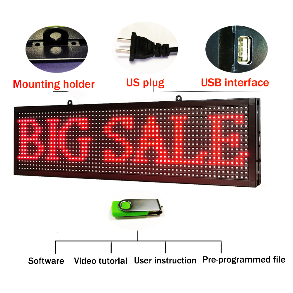 27X8 inch P10 RED LED scrolling sign wireless and usb programmable  information 680x200MM led display screen