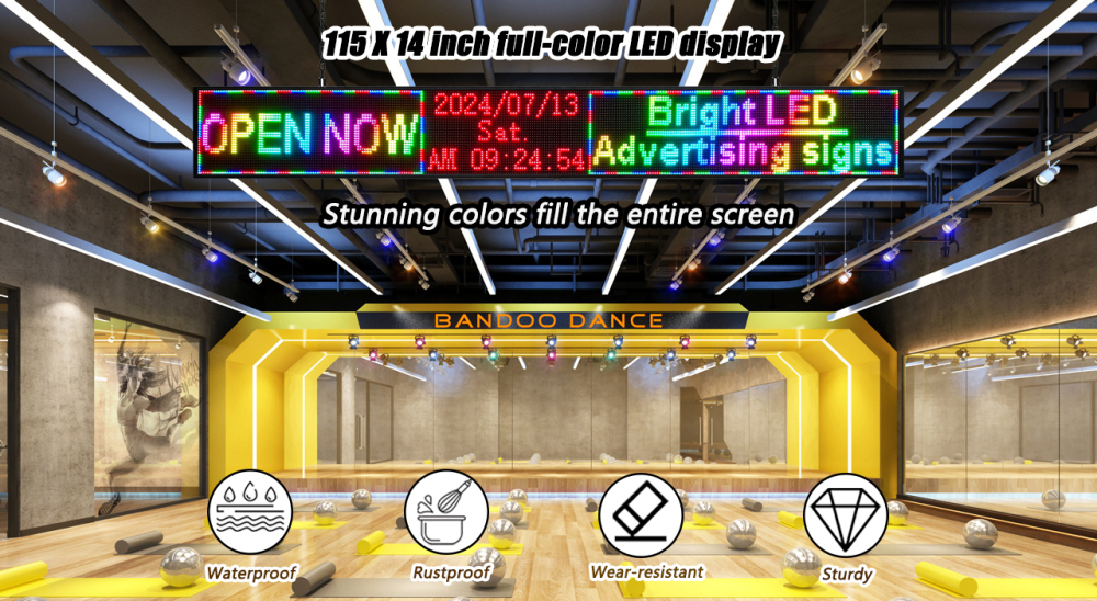 CX P10 Outdoor Programmable LED Sign Display,（115’’x14’’） LED Scrolling Sign Message Board, RGB Full Color Digital Signage Displays for Business, APP