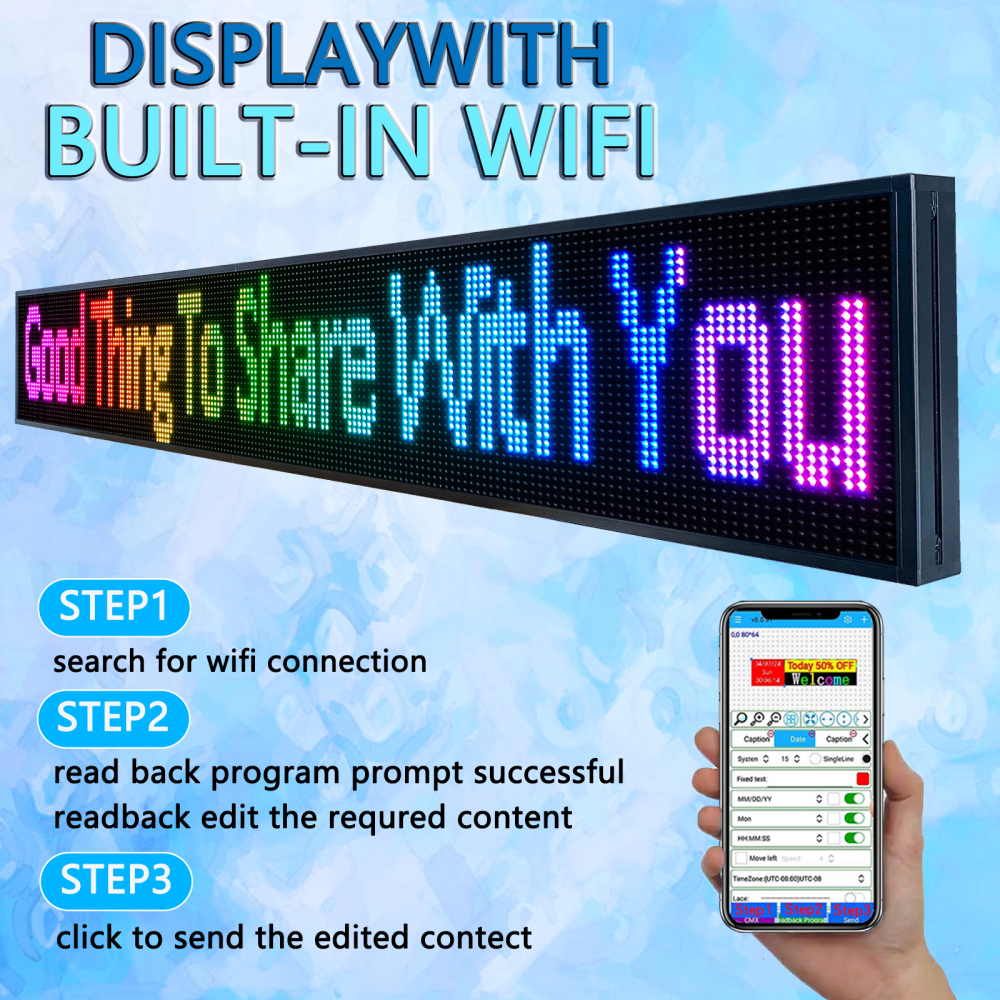 CX P10 Outdoor Programmable LED Sign Display,（115’’x14’’） LED Scrolling Sign Message Board, RGB Full Color Digital Signage Displays for Business, APP
