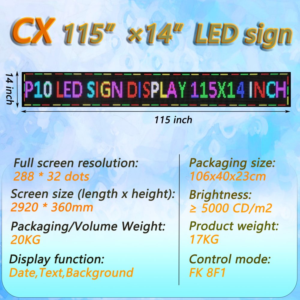 CX P10 Outdoor Programmable LED Sign Display,（115’’x14’’） LED Scrolling Sign Message Board, RGB Full Color Digital Signage Displays for Business, APP