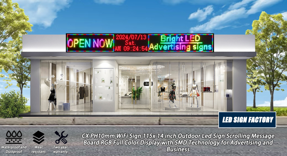CX P10 Outdoor Programmable LED Sign Display,（115’’x14’’） LED Scrolling Sign Message Board, RGB Full Color Digital Signage Displays for Business, APP