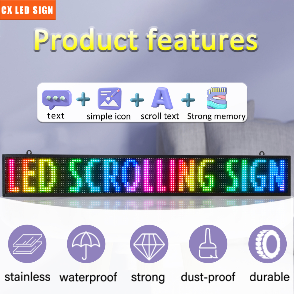 PH10 mm Outdoor LED Sign Display WiFi Programmable 52 x 8 inch LED Scrolling Sign Message Board RGB Full Color with SMD Technology for Advertising and Business