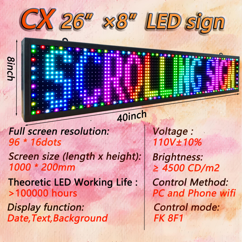 Outdoor P10 Programmable Led Sign, 40"×8" LED Scrolling Message Board, RGB Full Color Display with SMD Technology for Advertising and Business, WiFi + USB Control Neon LED Screen