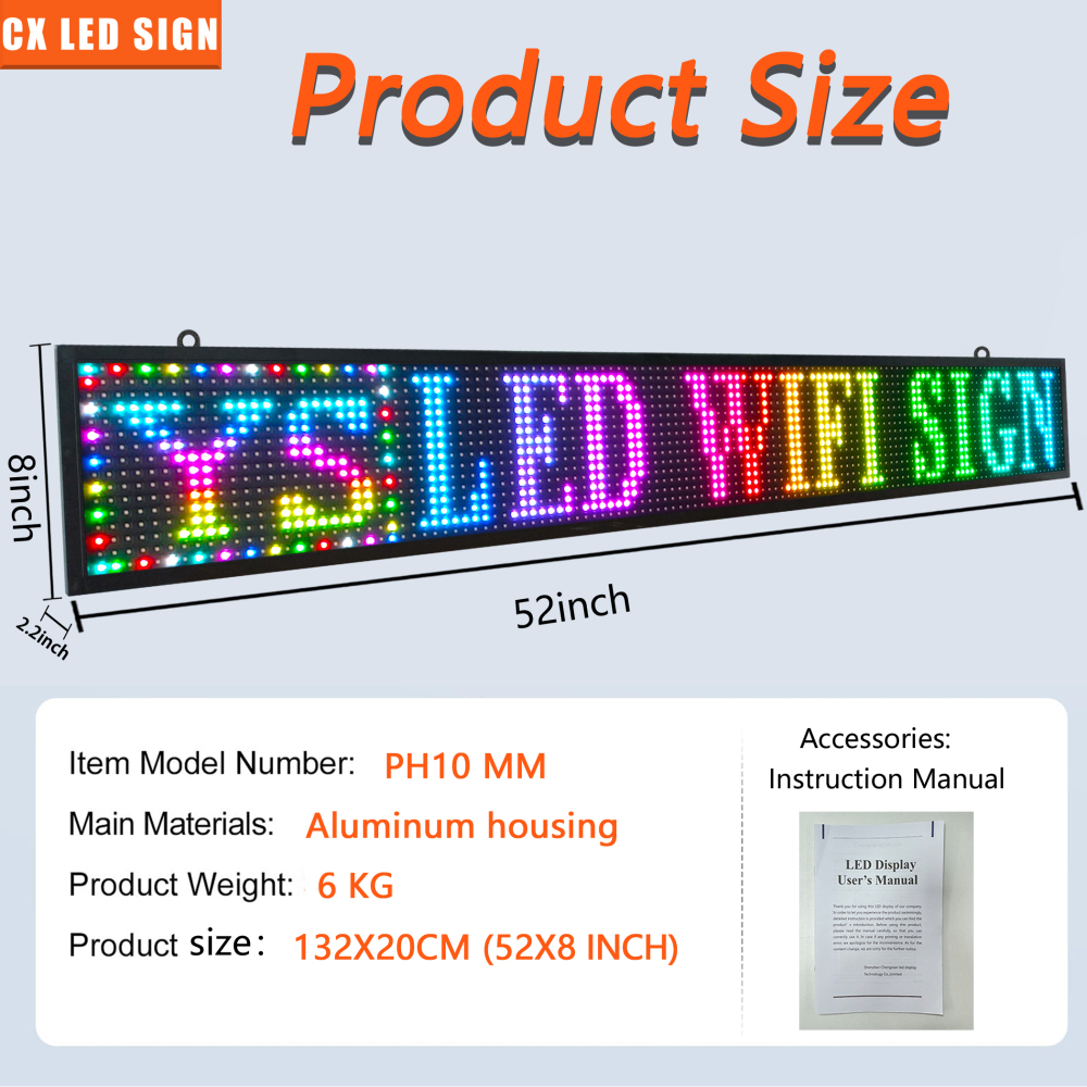 PH10 mm Outdoor LED Sign Display WiFi Programmable 52 x 8 inch LED Scrolling Sign Message Board RGB Full Color with SMD Technology for Advertising and Business