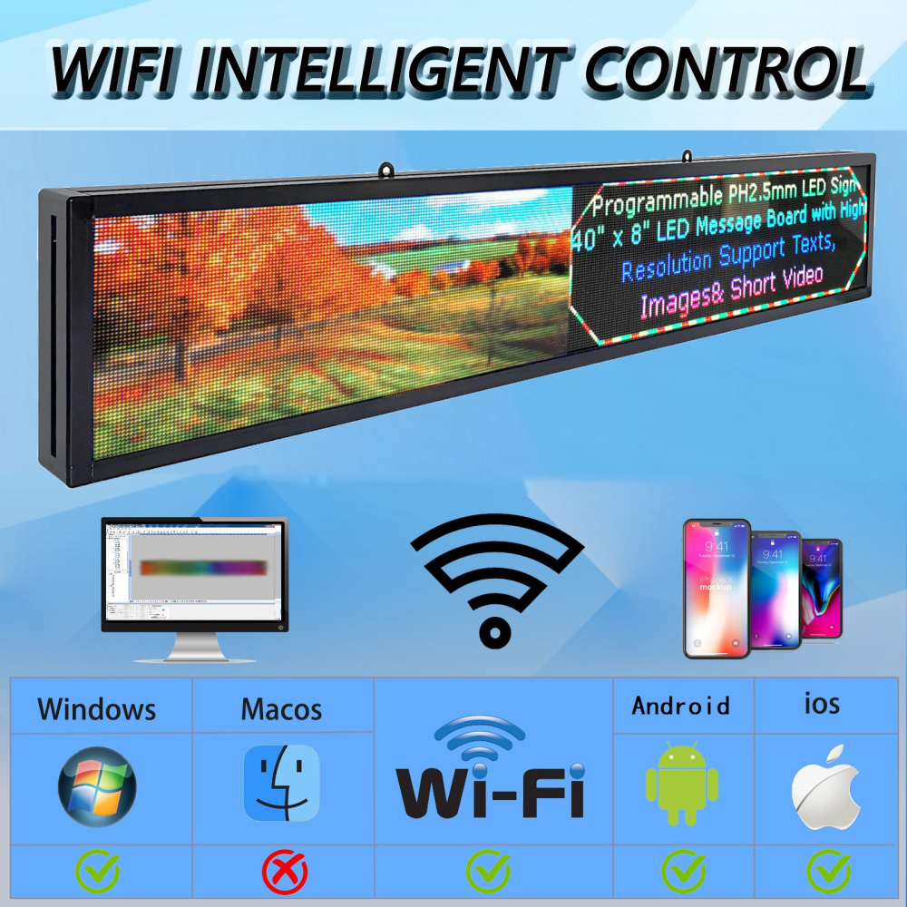 P2.5 Full Color LED Digital Sign, 40''x8'' Support Scrolling Text LED Advertising Screen Use WiFi and USB Programmable Support Image&Video with High Resolution LED display