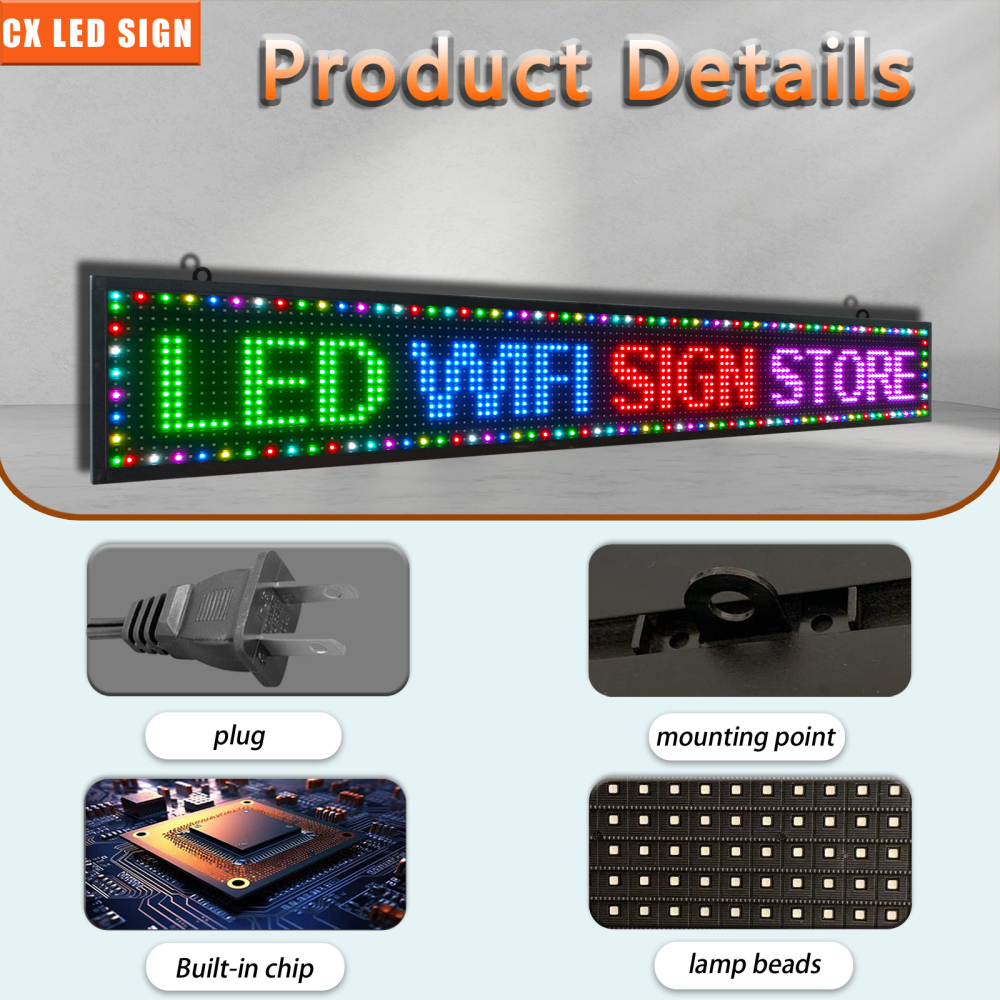 PH10 mm Outdoor LED Sign Display WiFi Programmable 52 x 8 inch LED Scrolling Sign Message Board RGB Full Color with SMD Technology for Advertising and Business