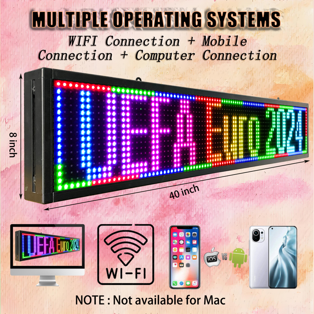 Outdoor P10 Programmable Led Sign, 40"×8" LED Scrolling Message Board, RGB Full Color Display with SMD Technology for Advertising and Business, WiFi + USB Control Neon LED Screen