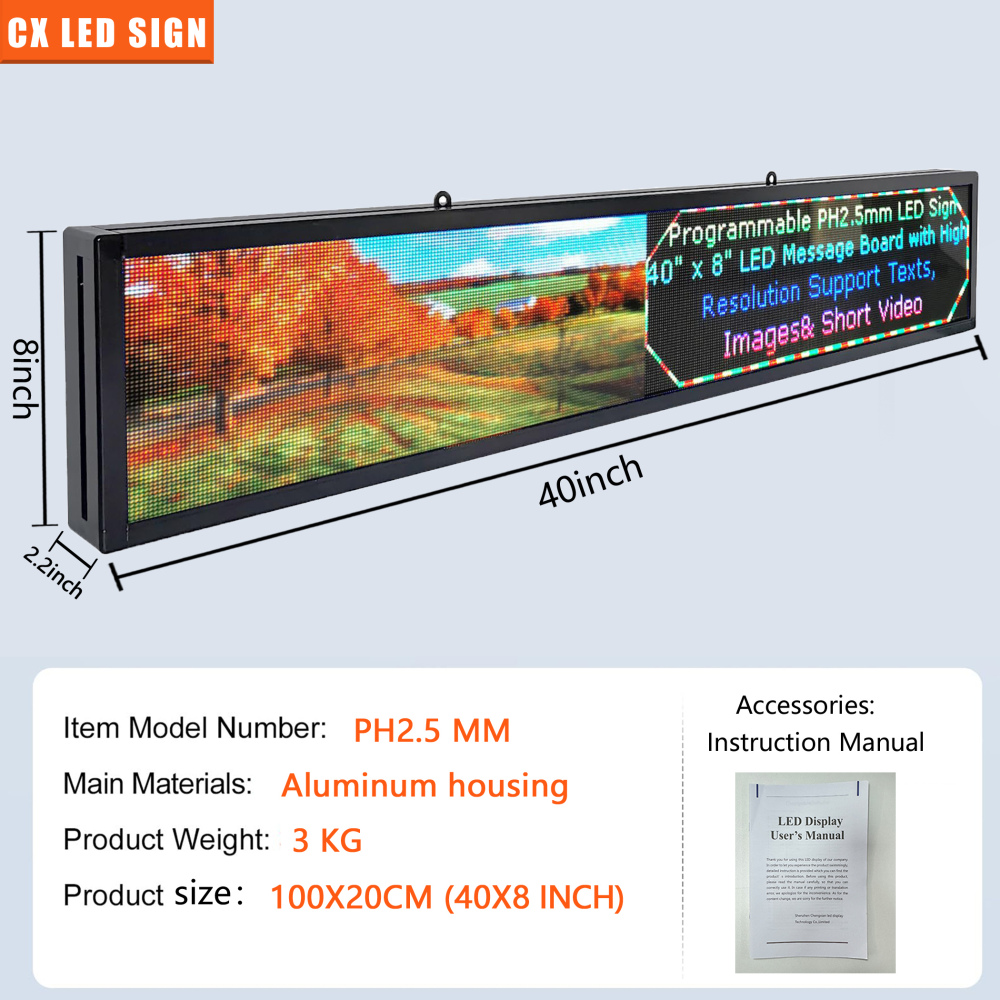 P2.5 Full Color LED Digital Sign, 40''x8'' Support Scrolling Text LED Advertising Screen Use WiFi and USB Programmable Support Image&Video with High Resolution LED display