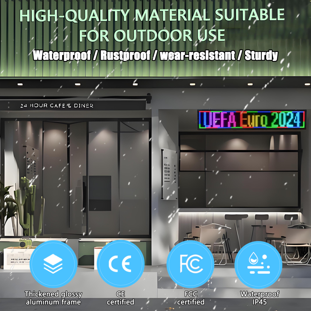 Outdoor P10 Programmable Led Sign, 40"×8" LED Scrolling Message Board, RGB Full Color Display with SMD Technology for Advertising and Business, WiFi + USB Control Neon LED Screen