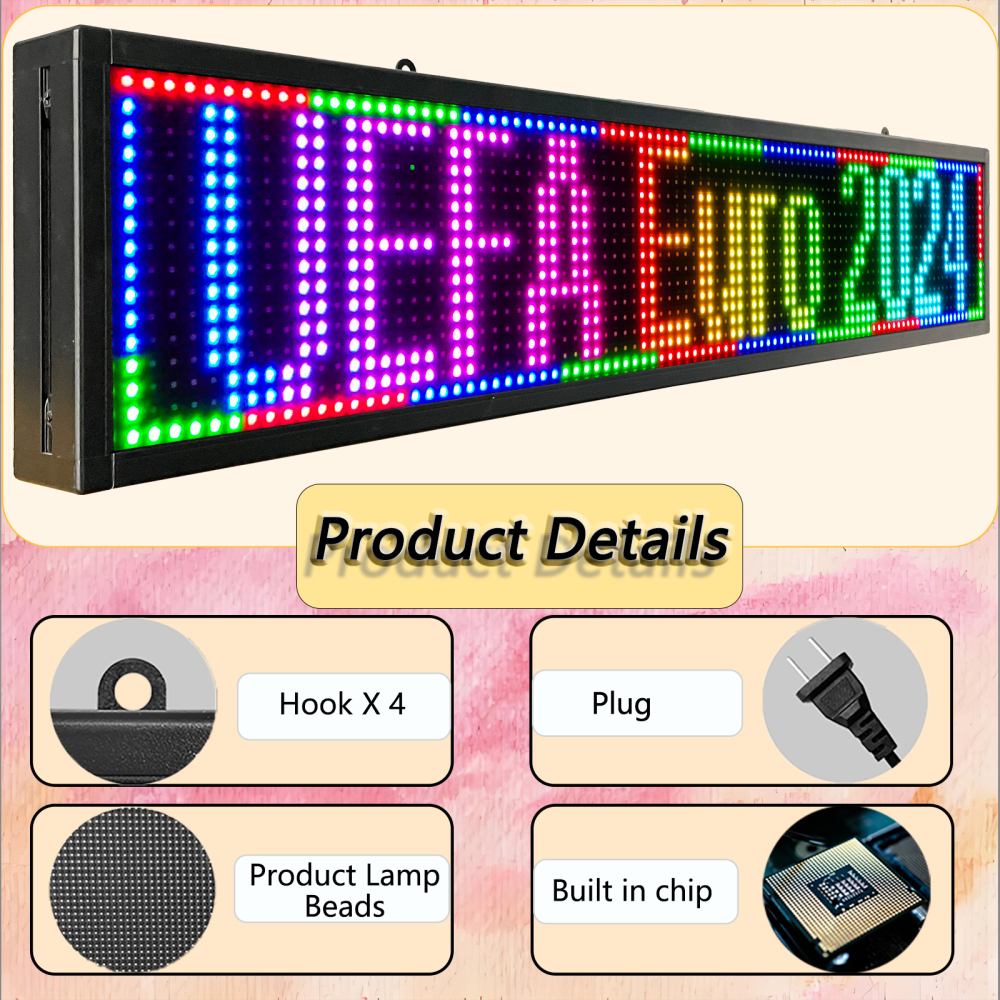 Outdoor P10 Programmable Led Sign, 40"×8" LED Scrolling Message Board, RGB Full Color Display with SMD Technology for Advertising and Business, WiFi + USB Control Neon LED Screen