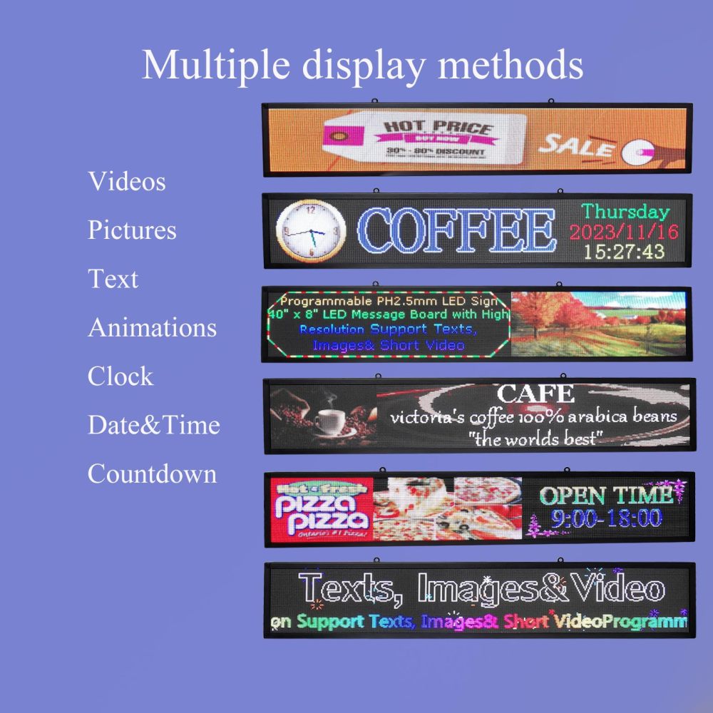 P2.5 Full Color LED Digital Sign, 40''x8'' Support Scrolling Text LED Advertising Screen Use WiFi and USB Programmable Support Image&Video with High Resolution LED display