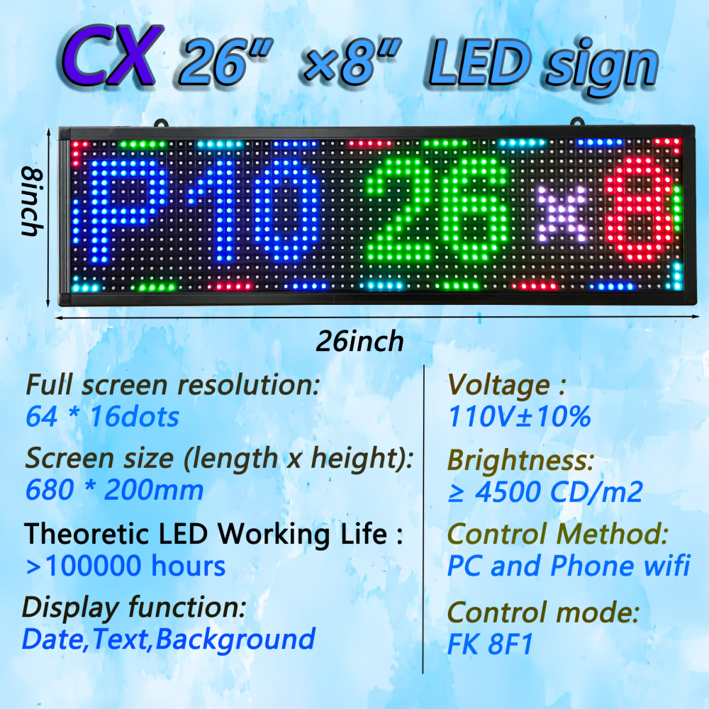 P10 Outdoor LED Sign Display 26'' x 8'' WiFi Programmable LED Scrolling Sign Message Board RGB Full Color HD Definition Display Board with SMD Technology for Advertising and Business