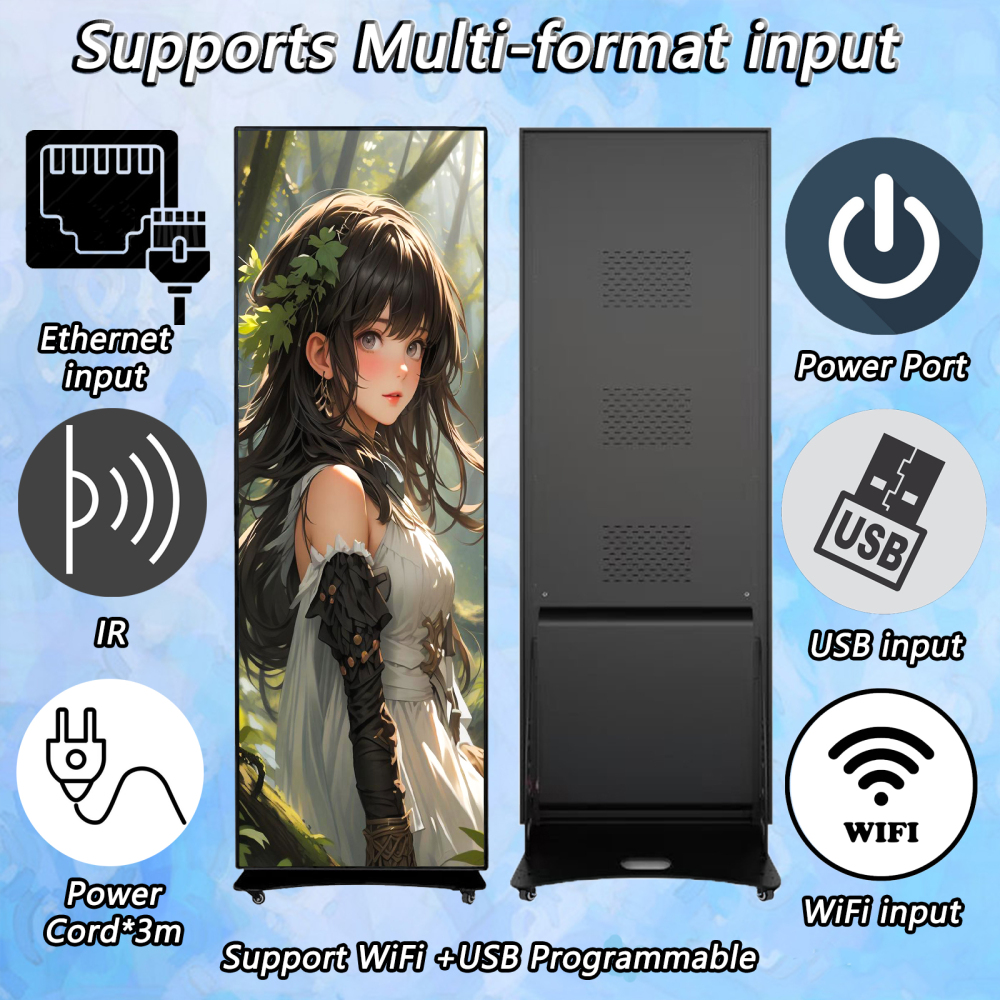 P3 78''X25'' HD Floor-Standing Vertical Poster LED Display, Indoor Intelligent Split Screen Movable LED Sign Advertising with WiFi and USB Input Auto Media Player