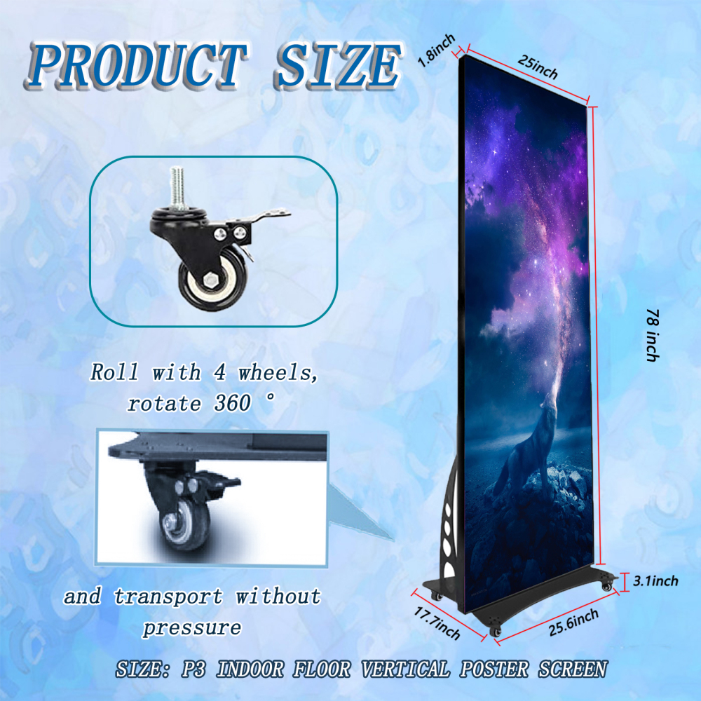 P3 78''X25'' HD Floor-Standing Vertical Poster LED Display, Indoor Intelligent Split Screen Movable LED Sign Advertising with WiFi and USB Input Auto Media Player