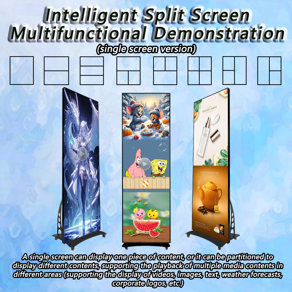 P3 78''X25'' HD Floor-Standing Vertical Poster LED Display, Indoor Intelligent Split Screen Movable LED Sign Advertising with WiFi and USB Input Auto Media Player