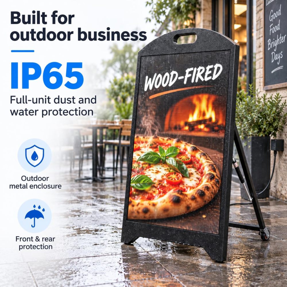 ⭐P2.5 Outdoor LED Digital Signage 64x96cm Programmable Sign 5500nits Brightness, IP65 Weatherproof, Wi-Fi & USB Control, Sign with Wheels, Plug-In Power