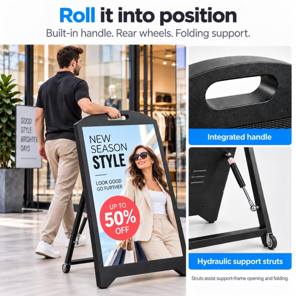 ⭐P2.5 Outdoor LED Digital Signage 64x96cm Programmable Sign 5500nits Brightness, IP65 Weatherproof, Wi-Fi & USB Control, Sign with Wheels, Plug-In Power
