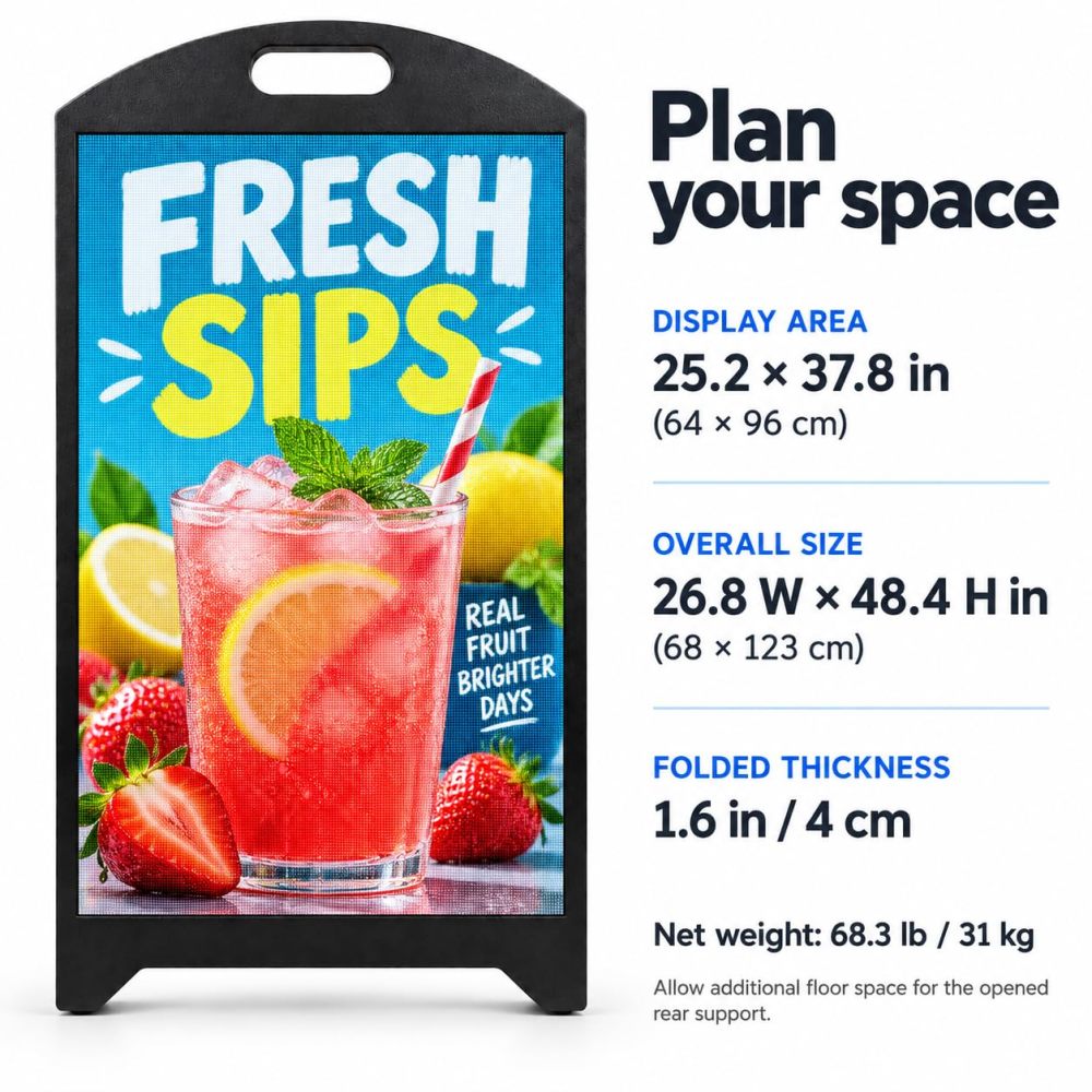 ⭐P2.5 Outdoor LED Digital Signage 64x96cm Programmable Sign 5500nits Brightness, IP65 Weatherproof, Wi-Fi & USB Control, Sign with Wheels, Plug-In Power