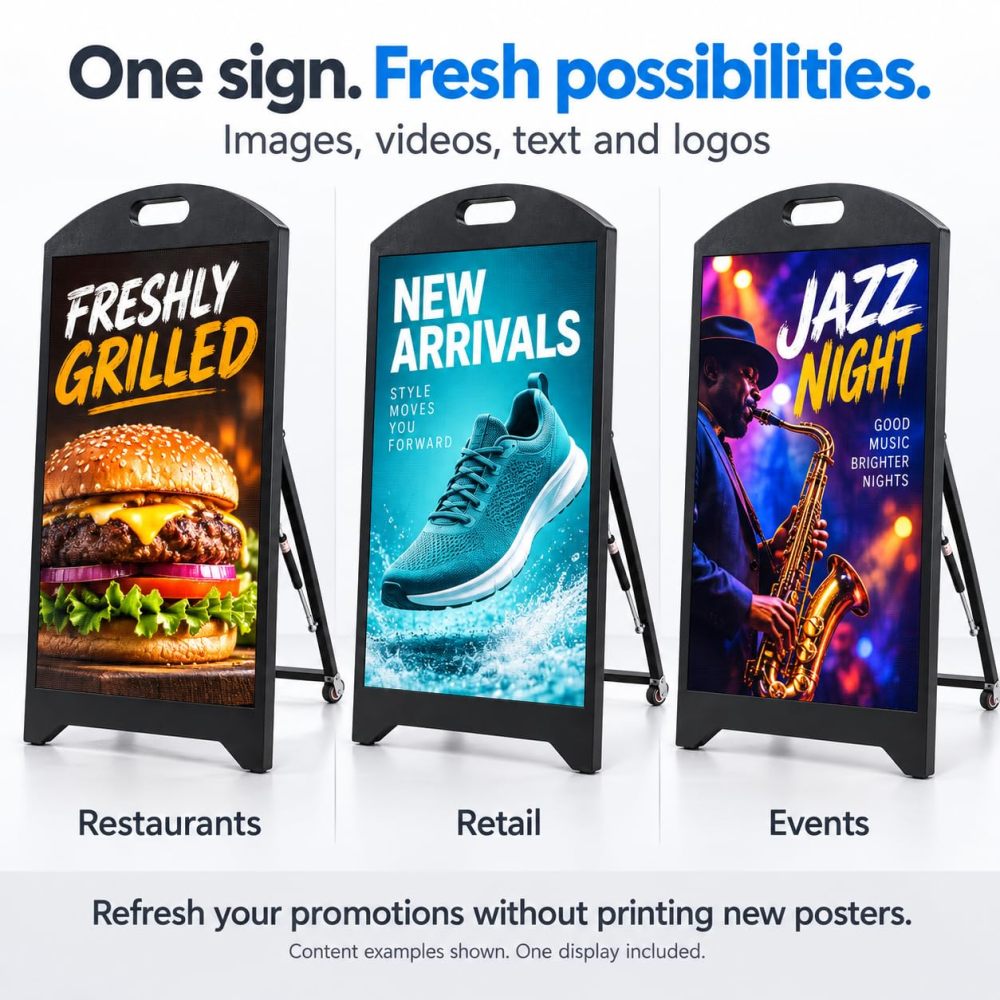 ⭐P2.5 Outdoor LED Digital Signage 64x96cm Programmable Sign 5500nits Brightness, IP65 Weatherproof, Wi-Fi & USB Control, Sign with Wheels, Plug-In Power