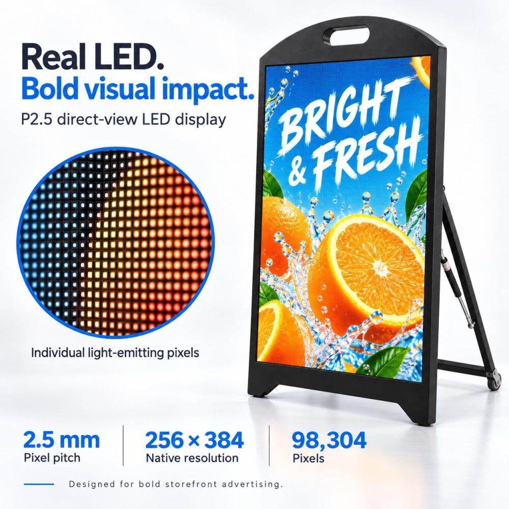 ⭐P2.5 Outdoor LED Digital Signage 64x96cm Programmable Sign 5500nits Brightness, IP65 Weatherproof, Wi-Fi & USB Control, Sign with Wheels, Plug-In Power