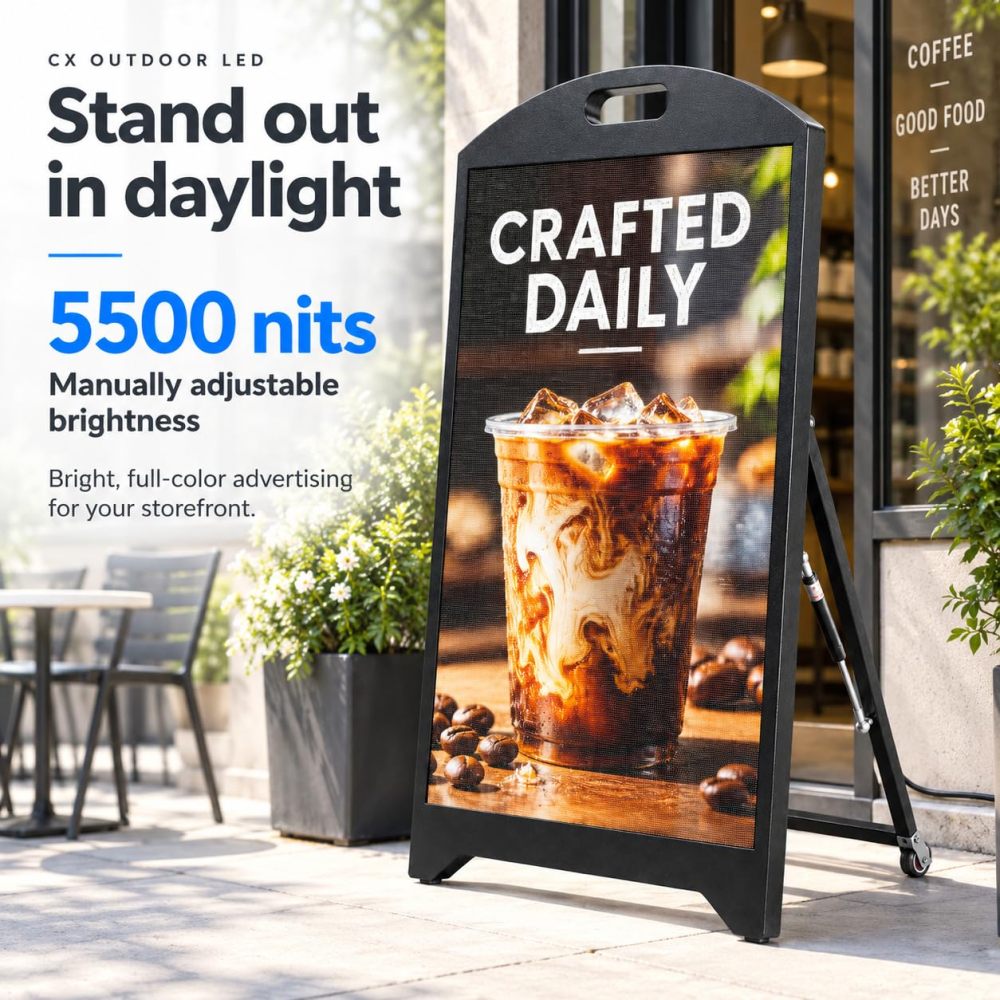 ⭐P2.5 Outdoor LED Digital Signage 64x96cm Programmable Sign 5500nits Brightness, IP65 Weatherproof, Wi-Fi & USB Control, Sign with Wheels, Plug-In Power