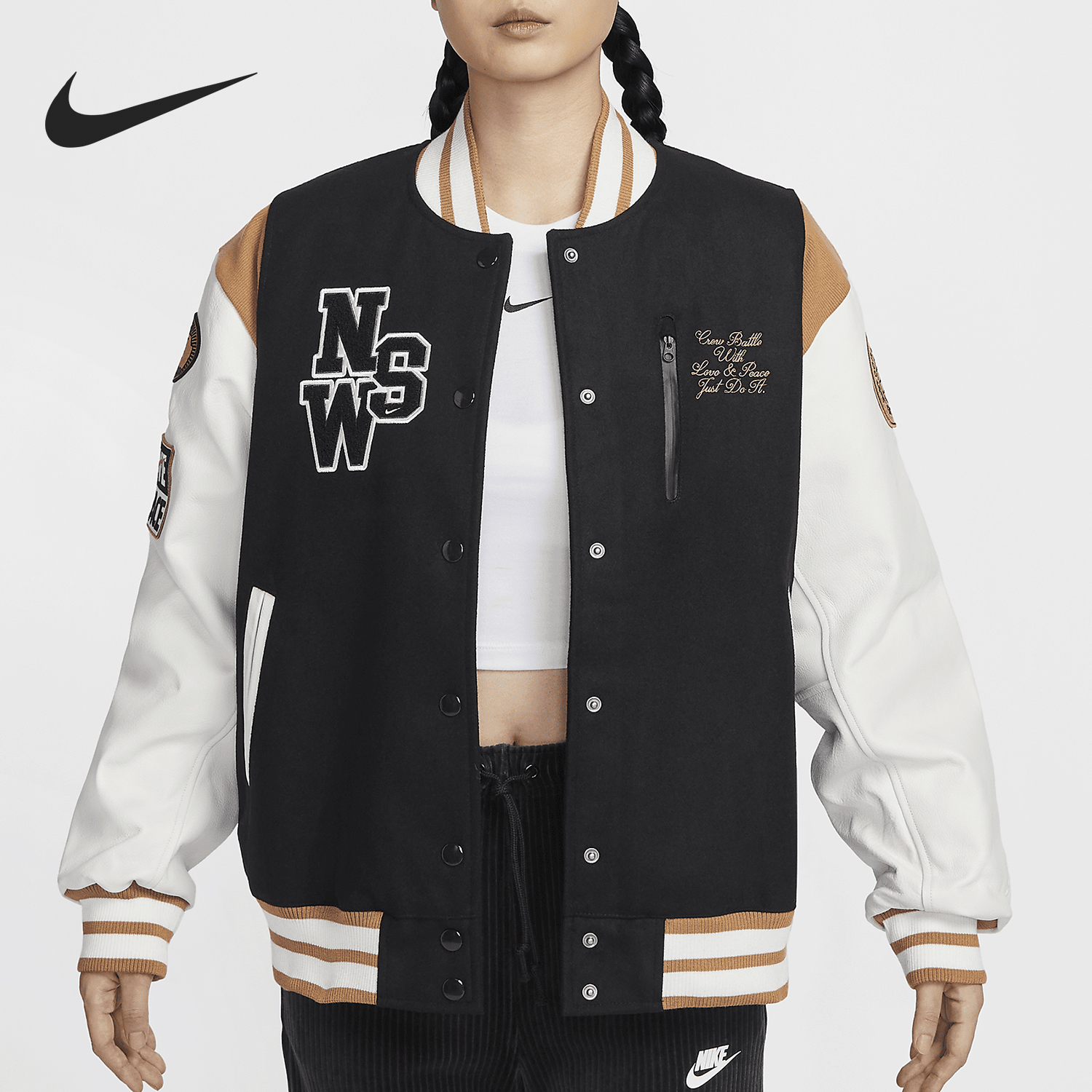 Nike 24 Winter New Women's Hooked Loose Stand Collar Baseball Jacket HQ4748-010