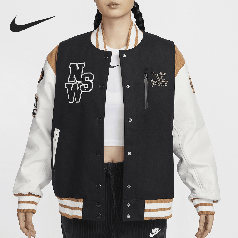 Nike 24 Winter New Women's Hooked Loose Stand Collar Baseball Jacket HQ4748-010