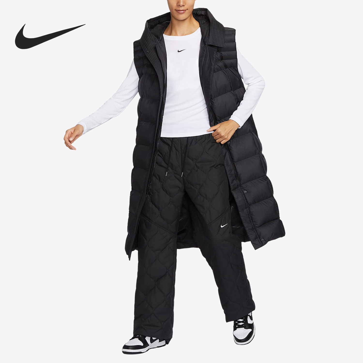 Nike new women's windproof and warm long hooded sports cotton vest FB8775-010