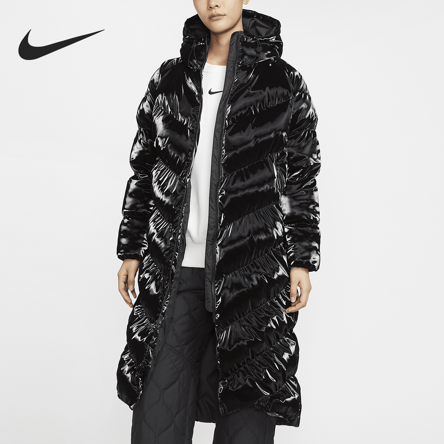 Nike This Season New Women's Glossy Thick Long Cotton Coat FV7828-010