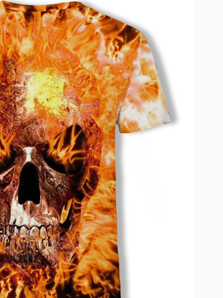 Men's T-shirt flaming skull 3D digital pattern T-shirt, summer breathable quick-drying street hip-hop casual sportswear