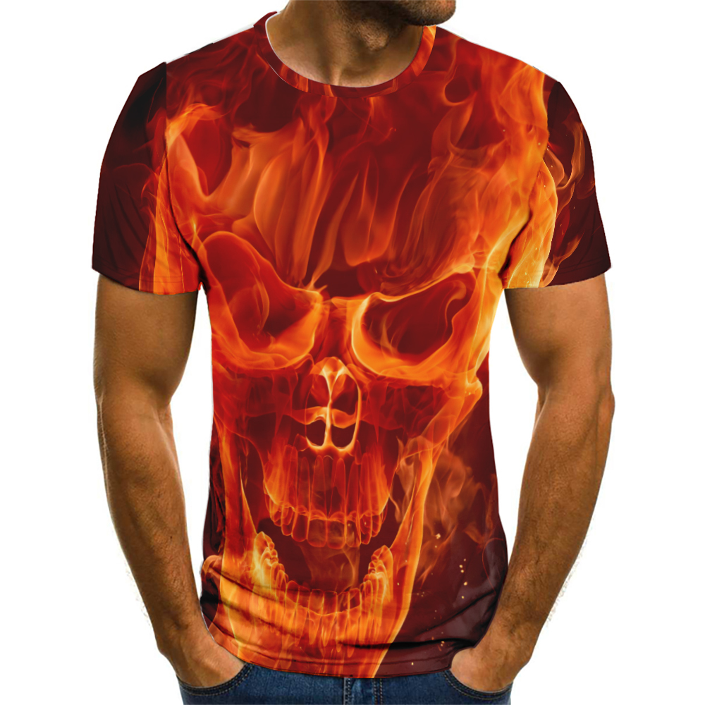 Men's T-shirt flaming skull 3D digital pattern T-shirt, summer breathable quick-drying street hip-hop casual sportswear