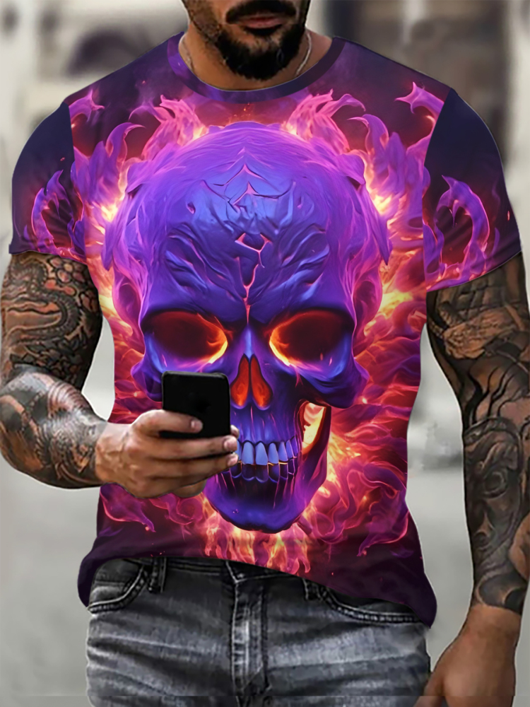 Men's Colorful Skull T-shirt Skull Punk T-shirt Rock Gun Blue T-shirt 3D Printed T-shirt Retro Gothic Clothing Summer Tops